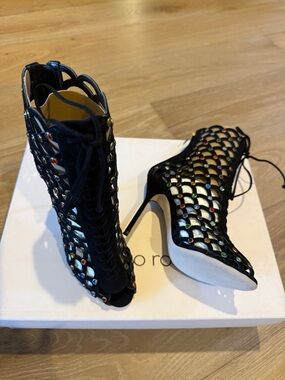 Sergio Rossi Black Laser-Cut Lace-Up High Heel Booties with Multicolor Studs
